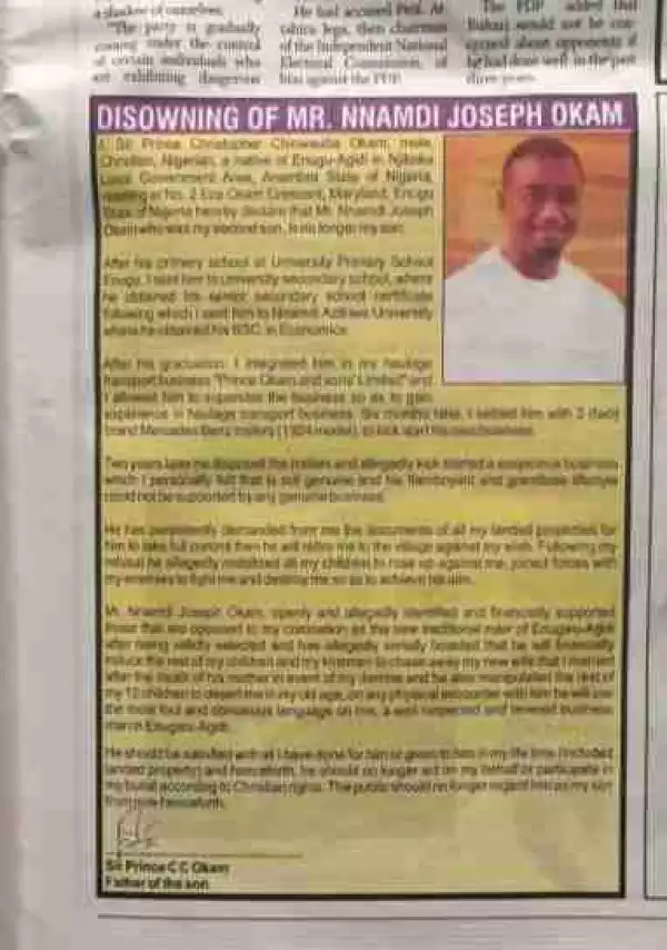 Nigerian Dad Spends 400k On Newspaper Advert To Publicly Disown His Son